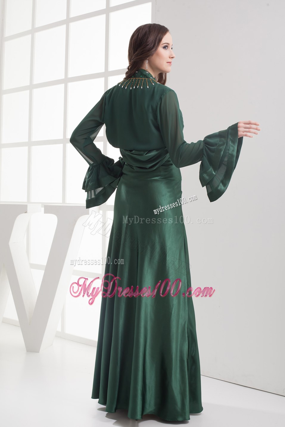 Floral Bust Jeweled Top Dark Green Mothers Dress with Straps