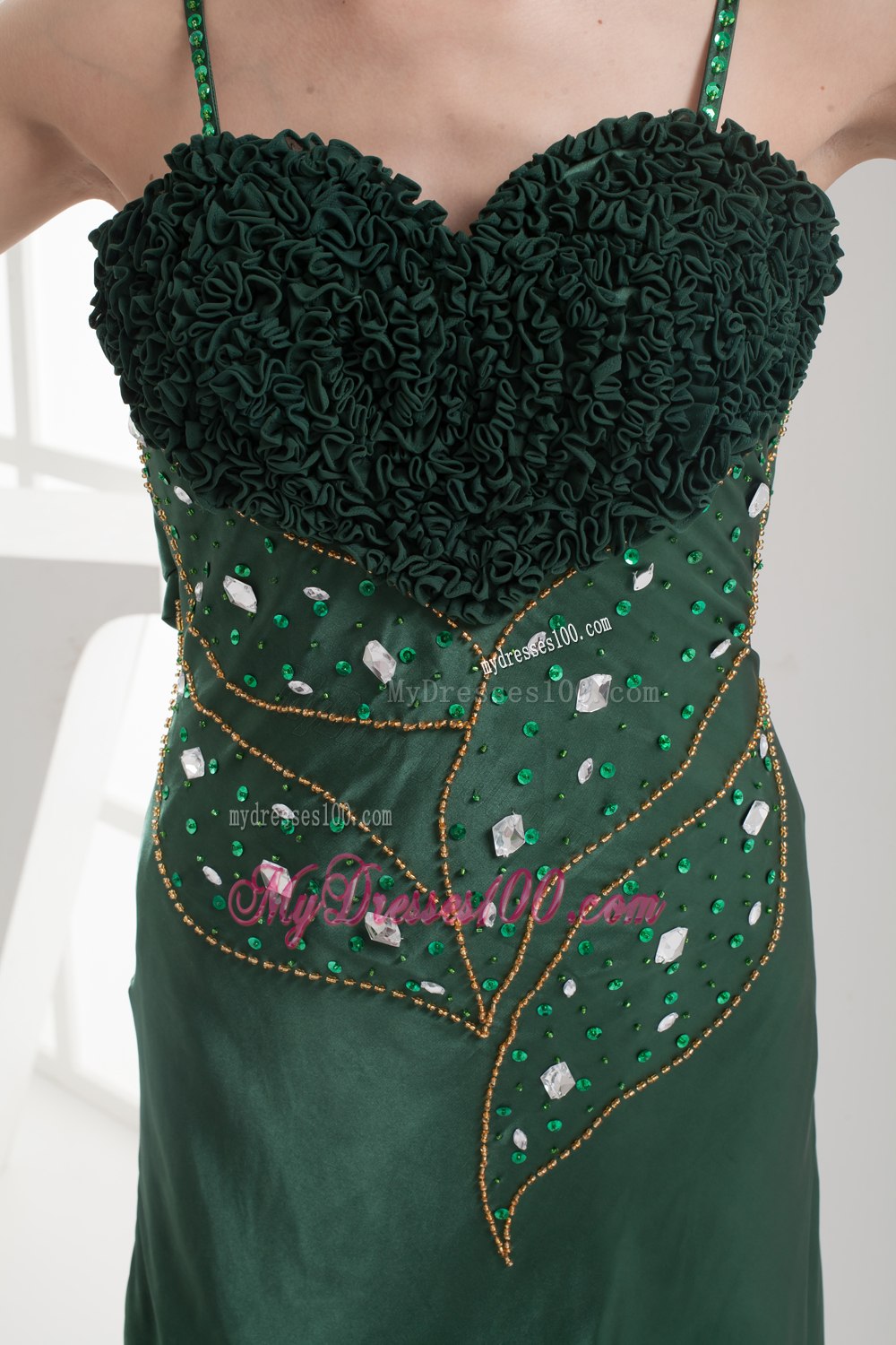 Floral Bust Jeweled Top Dark Green Mothers Dress with Straps