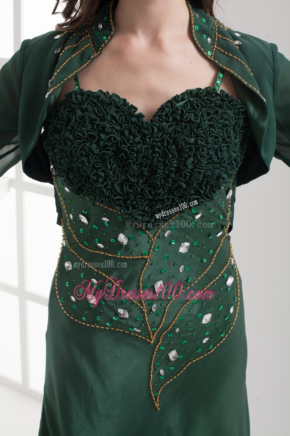 Floral Bust Jeweled Top Dark Green Mothers Dress with Straps