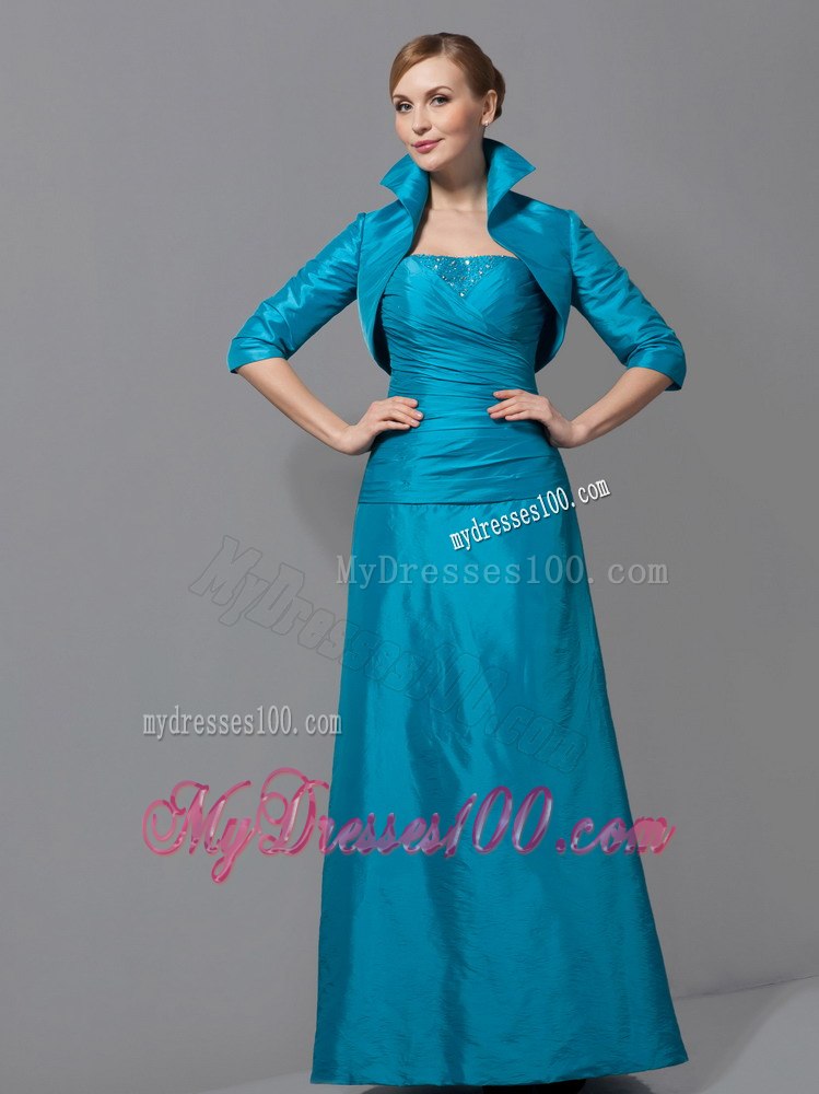 Strapless Teal Mothers Outfit For Weddings with High-neck Jacket