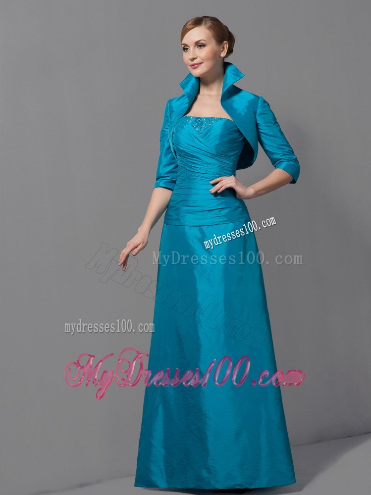 Strapless Teal Mothers Outfit For Weddings with High-neck Jacket