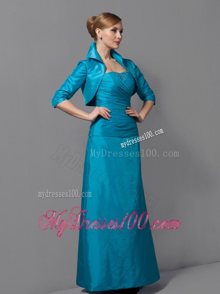 Strapless Teal Mothers Outfit For Weddings with High-neck Jacket