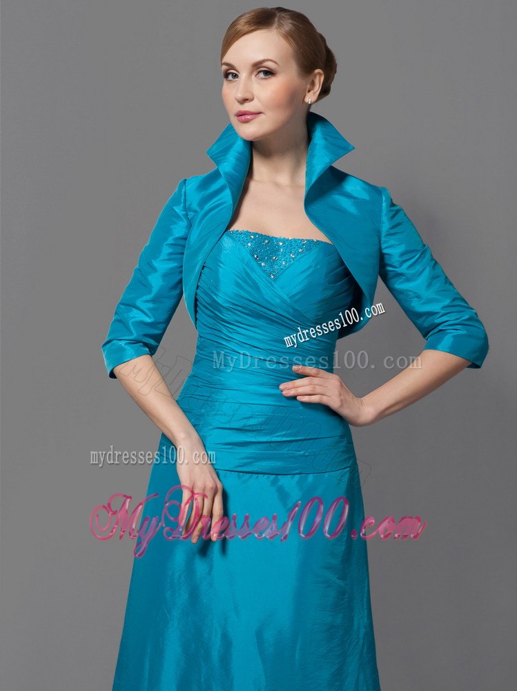 Strapless Teal Mothers Outfit For Weddings with High-neck Jacket