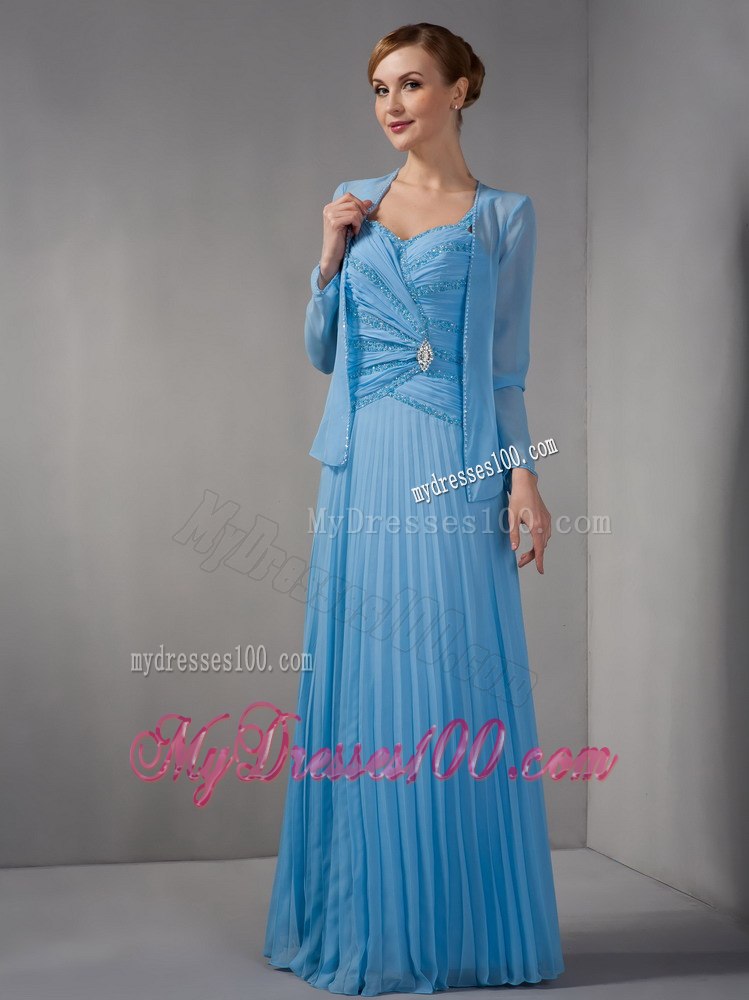 Pleated Beaded Blue Mothers Dresses For Weddings with Straps