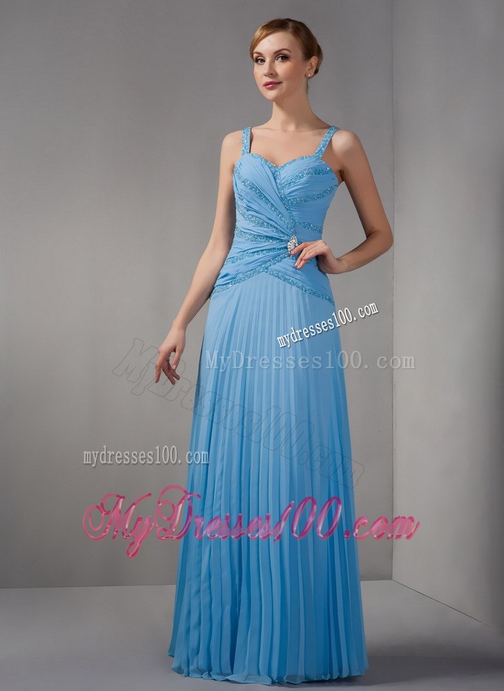 Pleated Beaded Blue Mothers Dresses For Weddings with Straps
