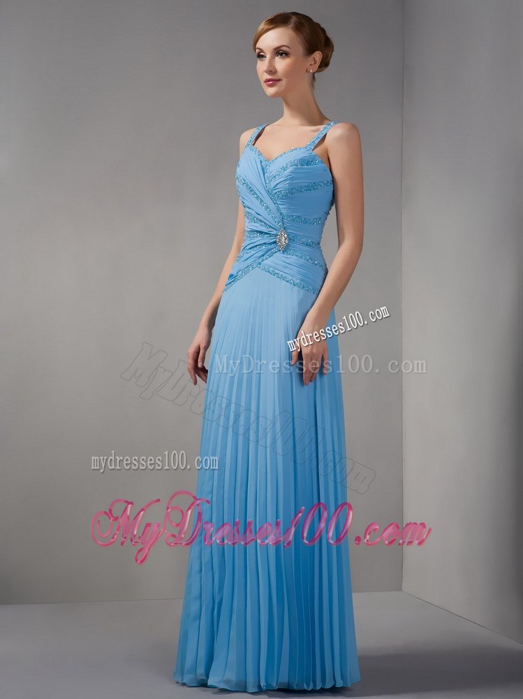 Pleated Beaded Blue Mothers Dresses For Weddings with Straps