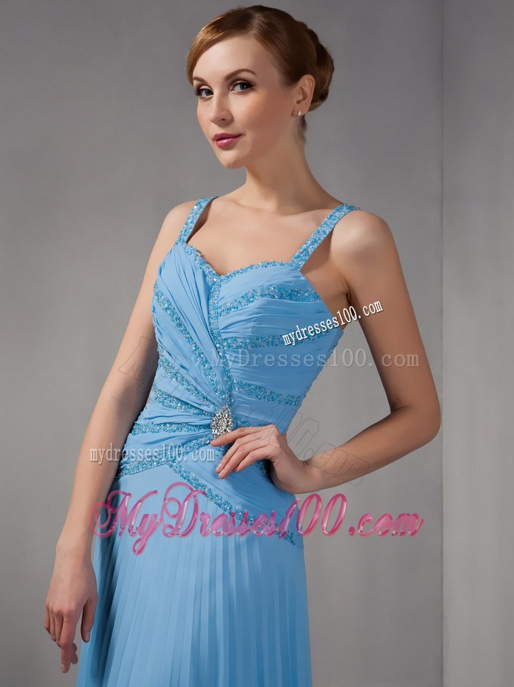 Pleated Beaded Blue Mothers Dresses For Weddings with Straps