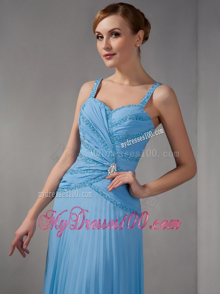 Pleated Beaded Blue Mothers Dresses For Weddings with Straps