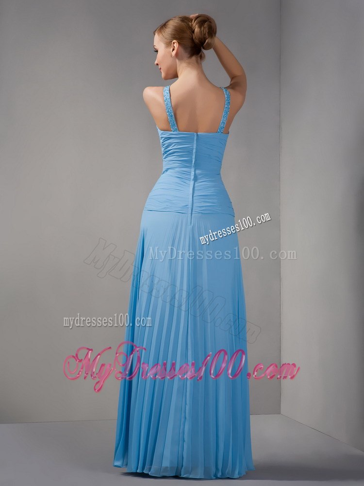 Pleated Beaded Blue Mothers Dresses For Weddings with Straps