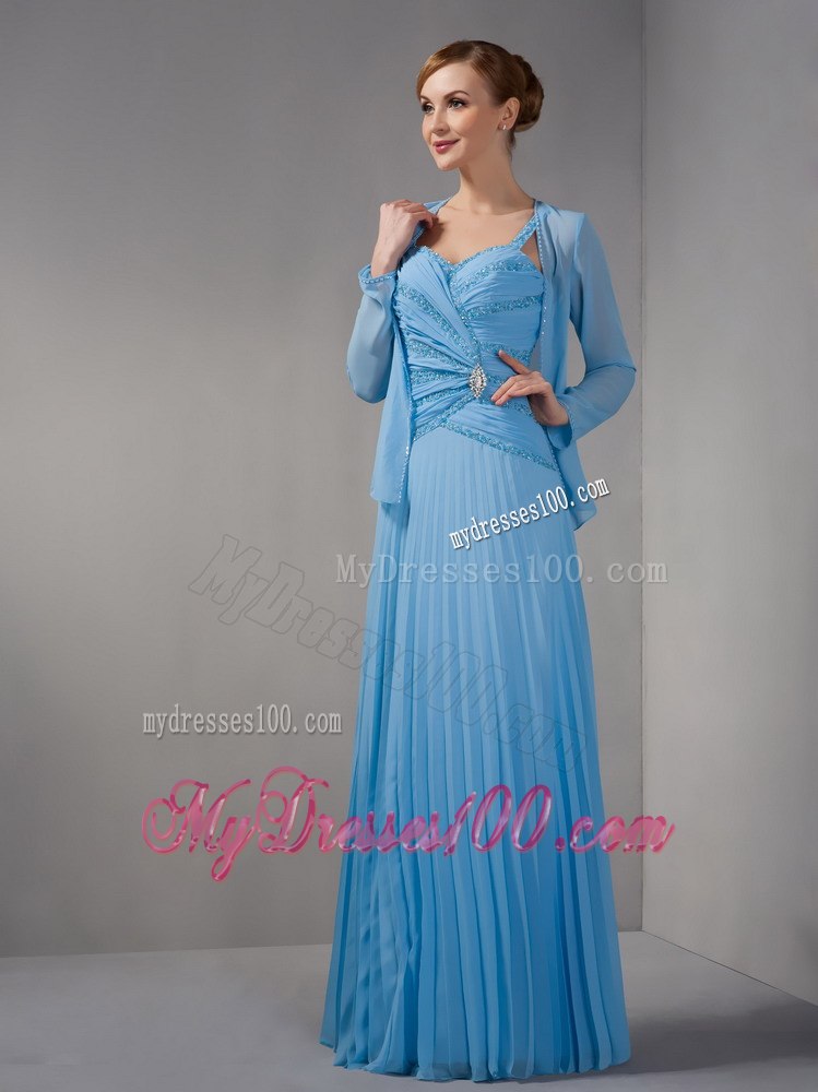 Pleated Beaded Blue Mothers Dresses For Weddings with Straps