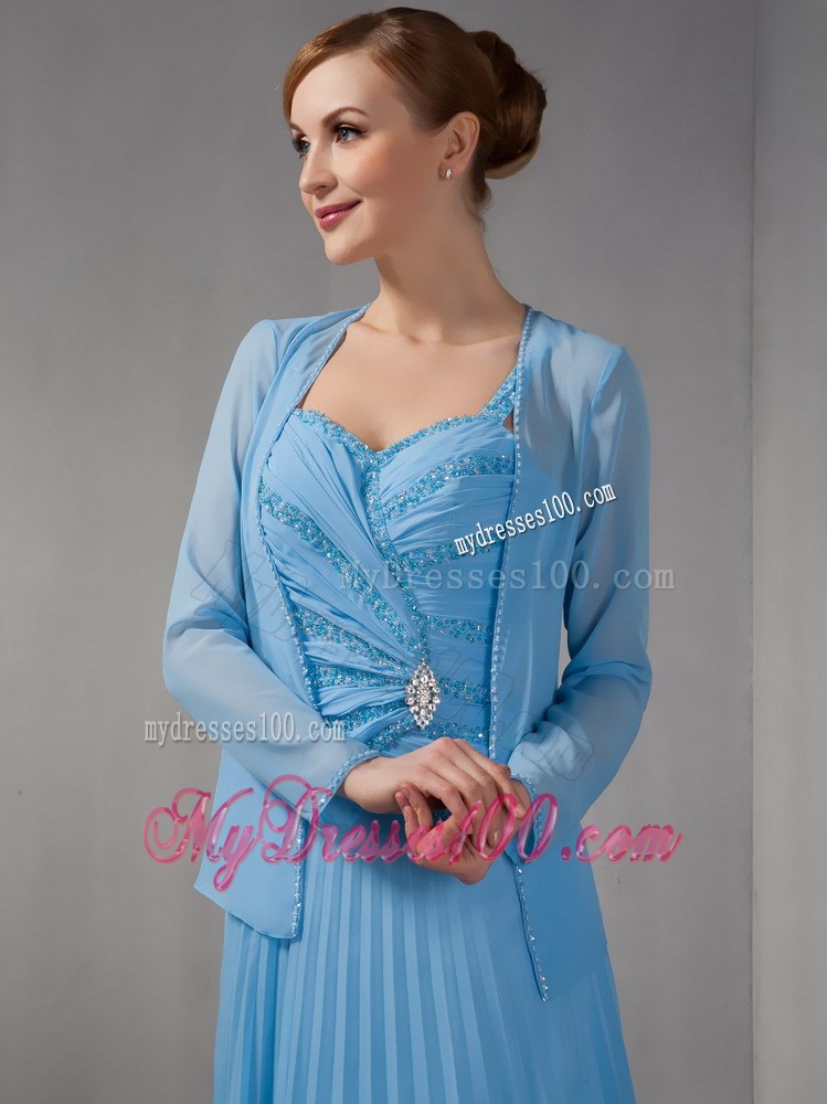 Pleated Beaded Blue Mothers Dresses For Weddings with Straps