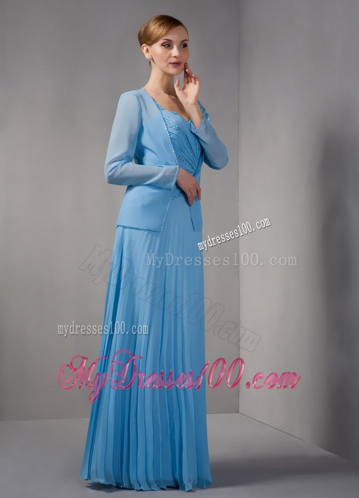 Pleated Beaded Blue Mothers Dresses For Weddings with Straps