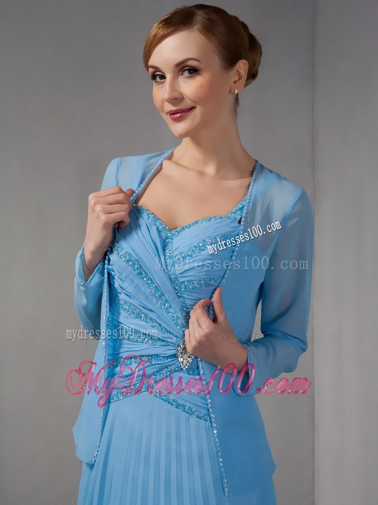 Pleated Beaded Blue Mothers Dresses For Weddings with Straps