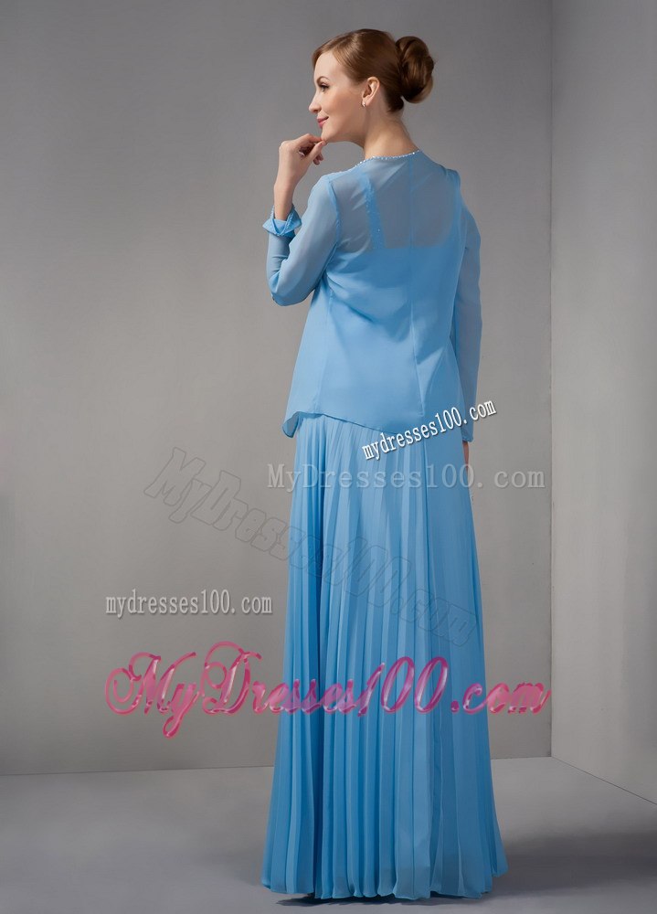 Pleated Beaded Blue Mothers Dresses For Weddings with Straps