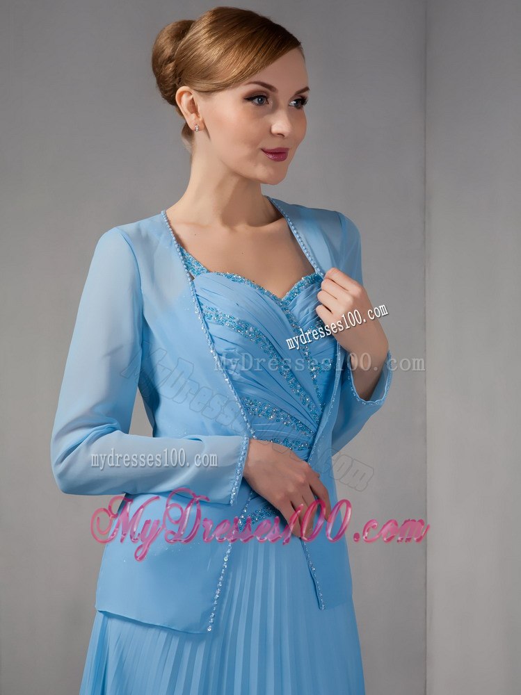 Pleated Beaded Blue Mothers Dresses For Weddings with Straps