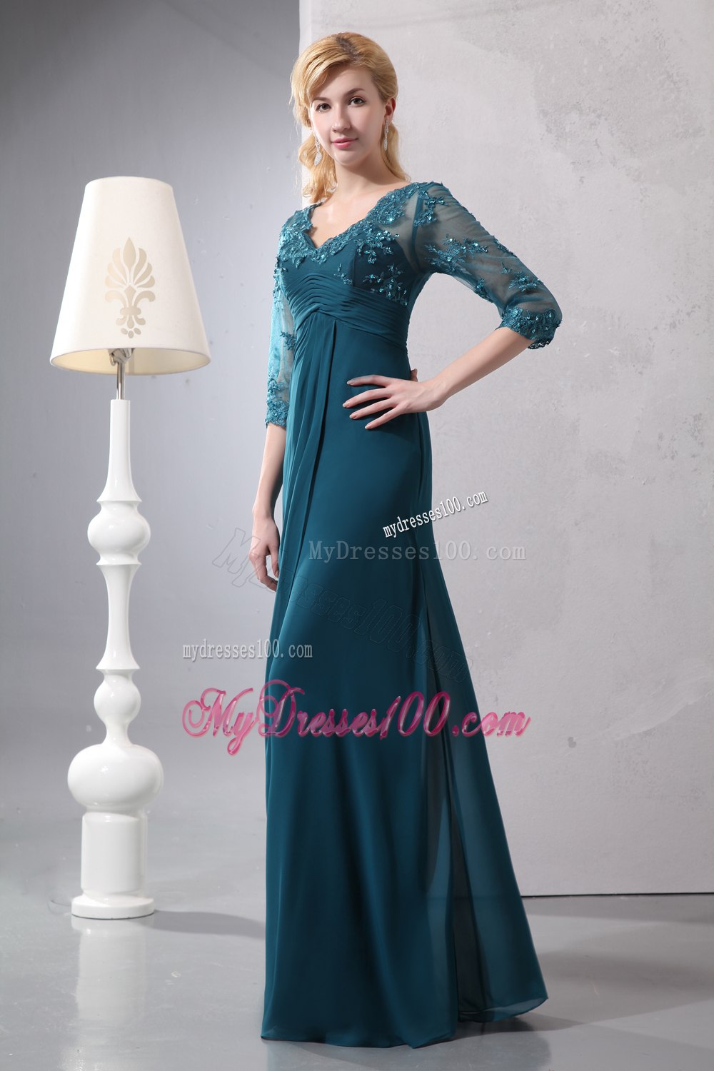 1 2 Lace Sleeves V-neck Turquoise Mothers Outfit For Weddings