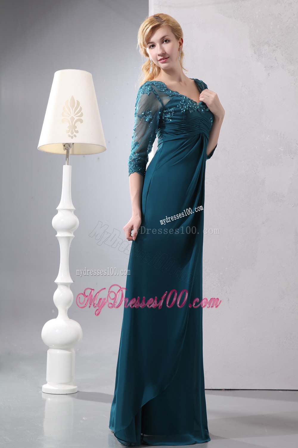 1 2 Lace Sleeves V-neck Turquoise Mothers Outfit For Weddings