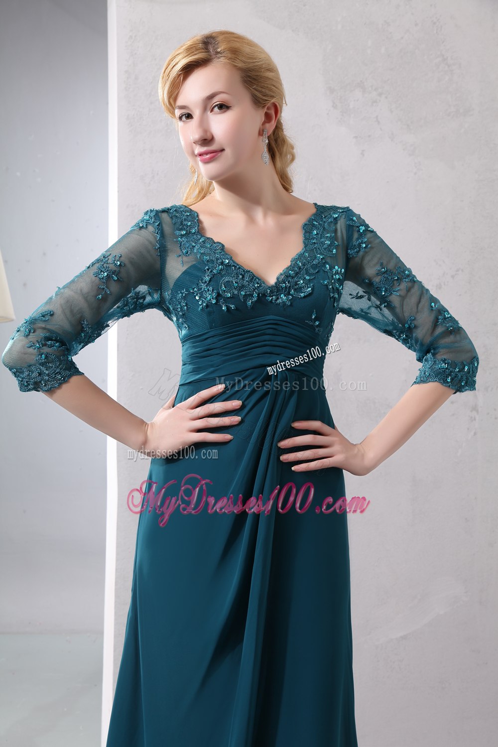 1 2 Lace Sleeves V-neck Turquoise Mothers Outfit For Weddings