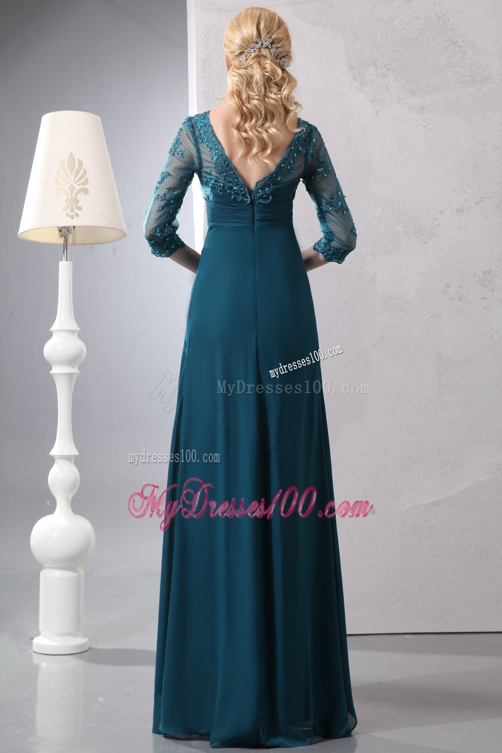 1 2 Lace Sleeves V-neck Turquoise Mothers Outfit For Weddings