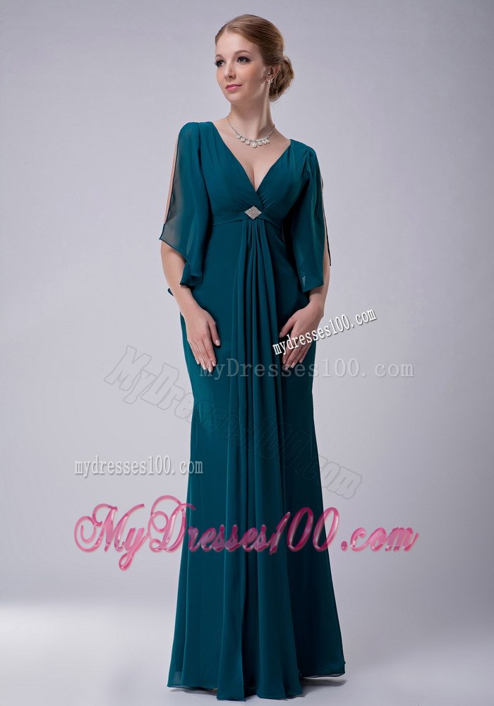 Short Open Sleeves V-neck Dark Green Mothers Dress For Weddings