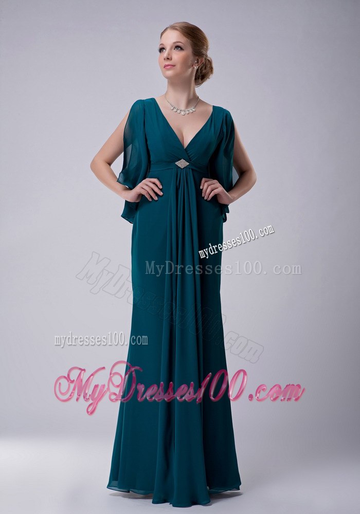 Short Open Sleeves V-neck Dark Green Mothers Dress For Weddings