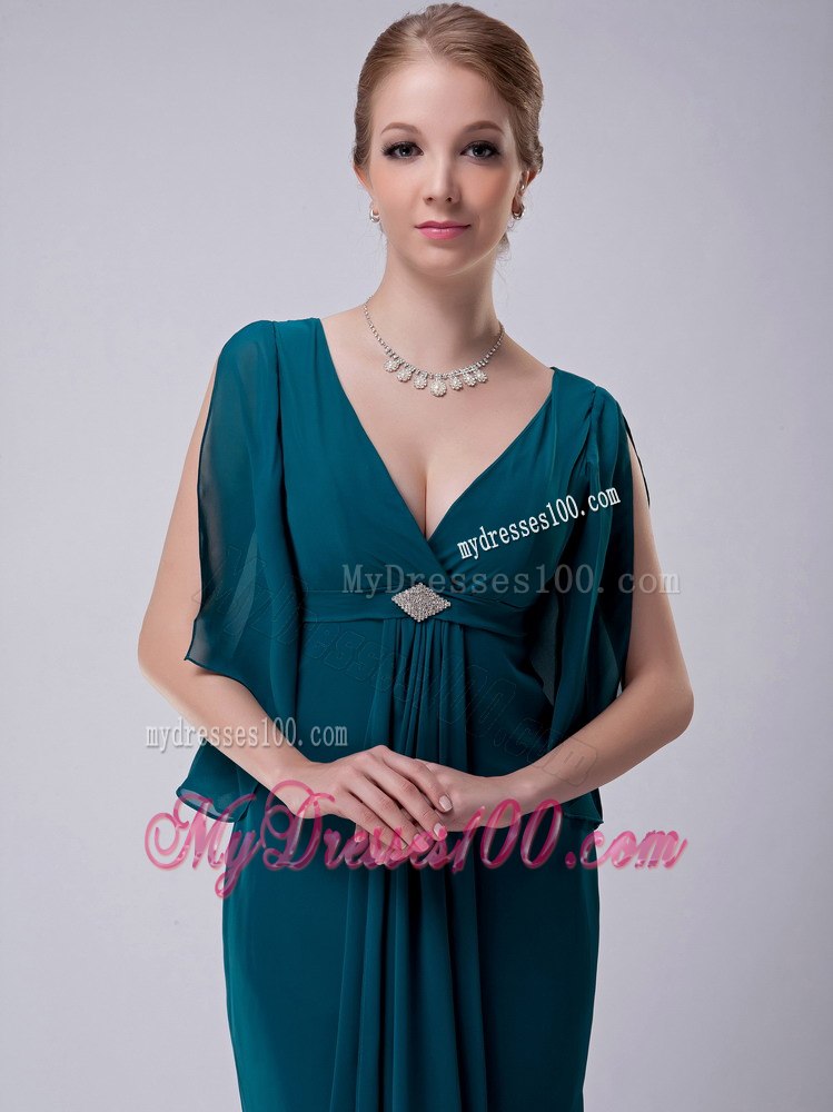 Short Open Sleeves V-neck Dark Green Mothers Dress For Weddings
