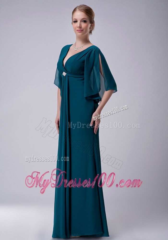 Short Open Sleeves V-neck Dark Green Mothers Dress For Weddings
