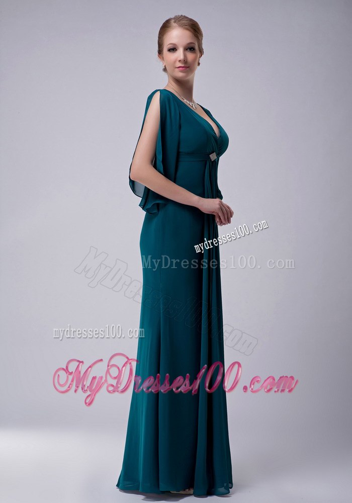 Short Open Sleeves V-neck Dark Green Mothers Dress For Weddings