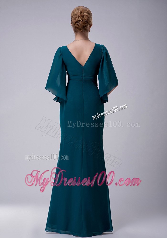 Short Open Sleeves V-neck Dark Green Mothers Dress For Weddings