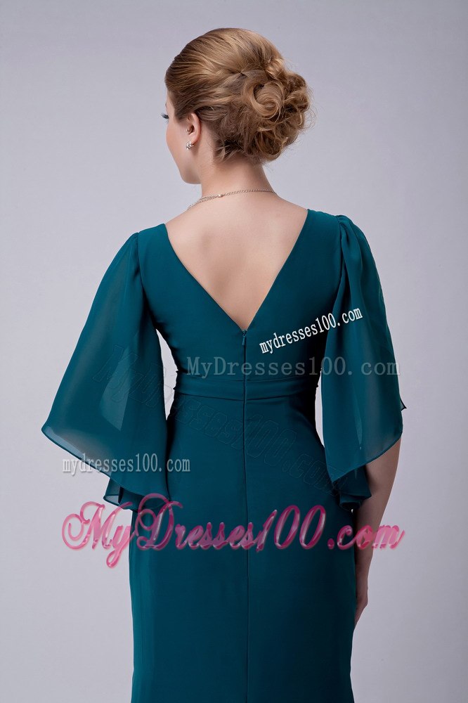 Short Open Sleeves V-neck Dark Green Mothers Dress For Weddings