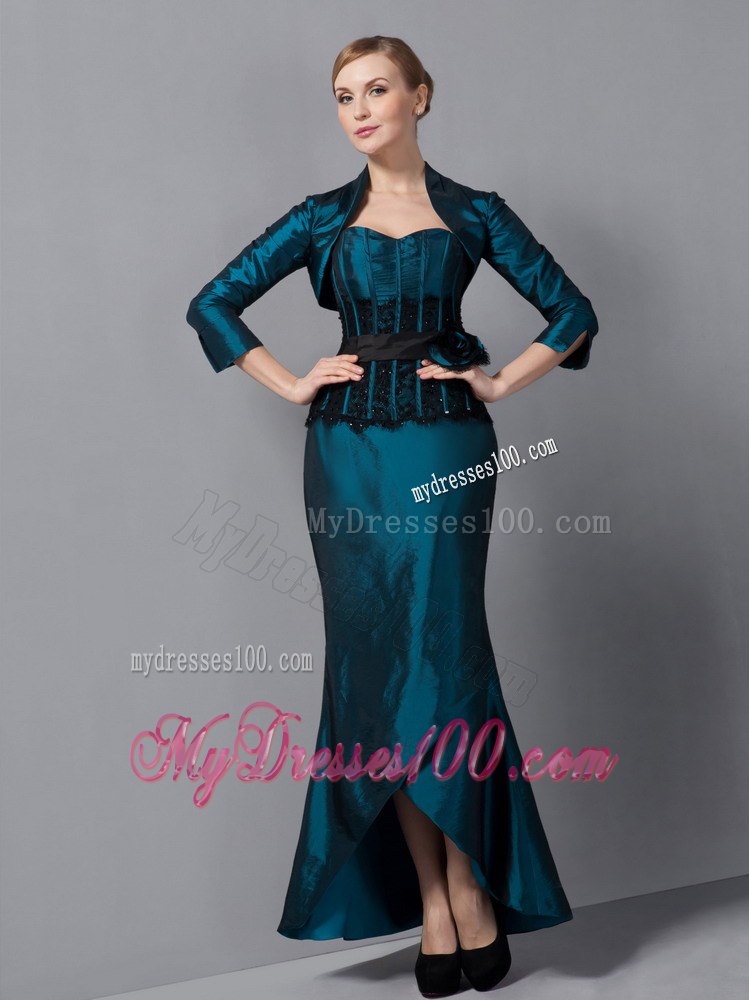 Asymmetrical Hem Turquoise Mothers Dresses with Appliques and Bow Sash