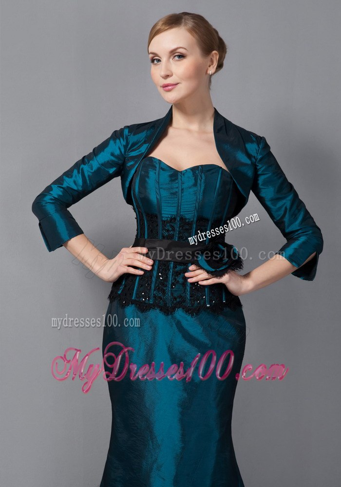 Asymmetrical Hem Turquoise Mothers Dresses with Appliques and Bow Sash