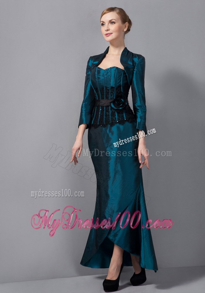 Asymmetrical Hem Turquoise Mothers Dresses with Appliques and Bow Sash