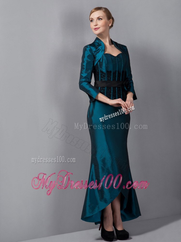 Asymmetrical Hem Turquoise Mothers Dresses with Appliques and Bow Sash