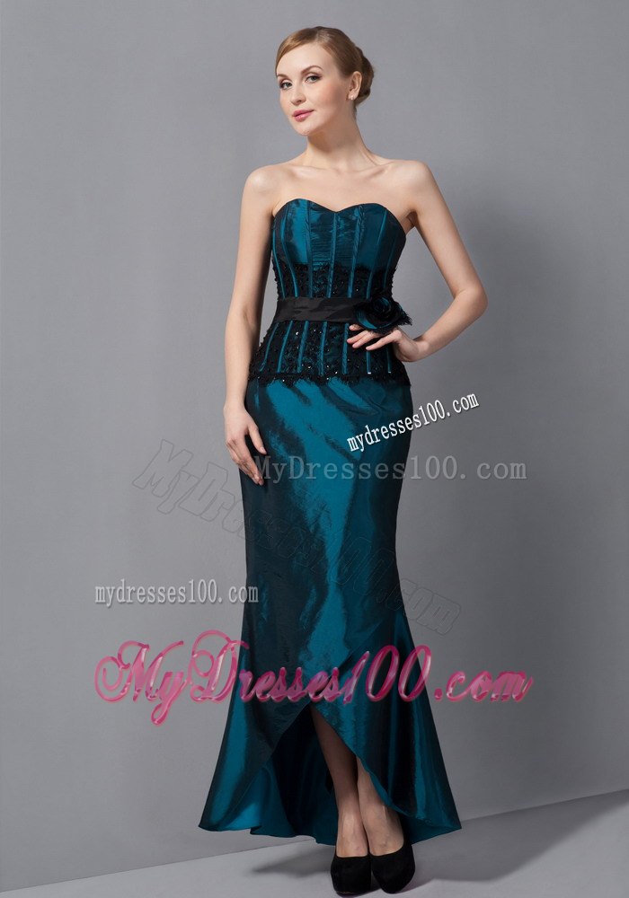Asymmetrical Hem Turquoise Mothers Dresses with Appliques and Bow Sash