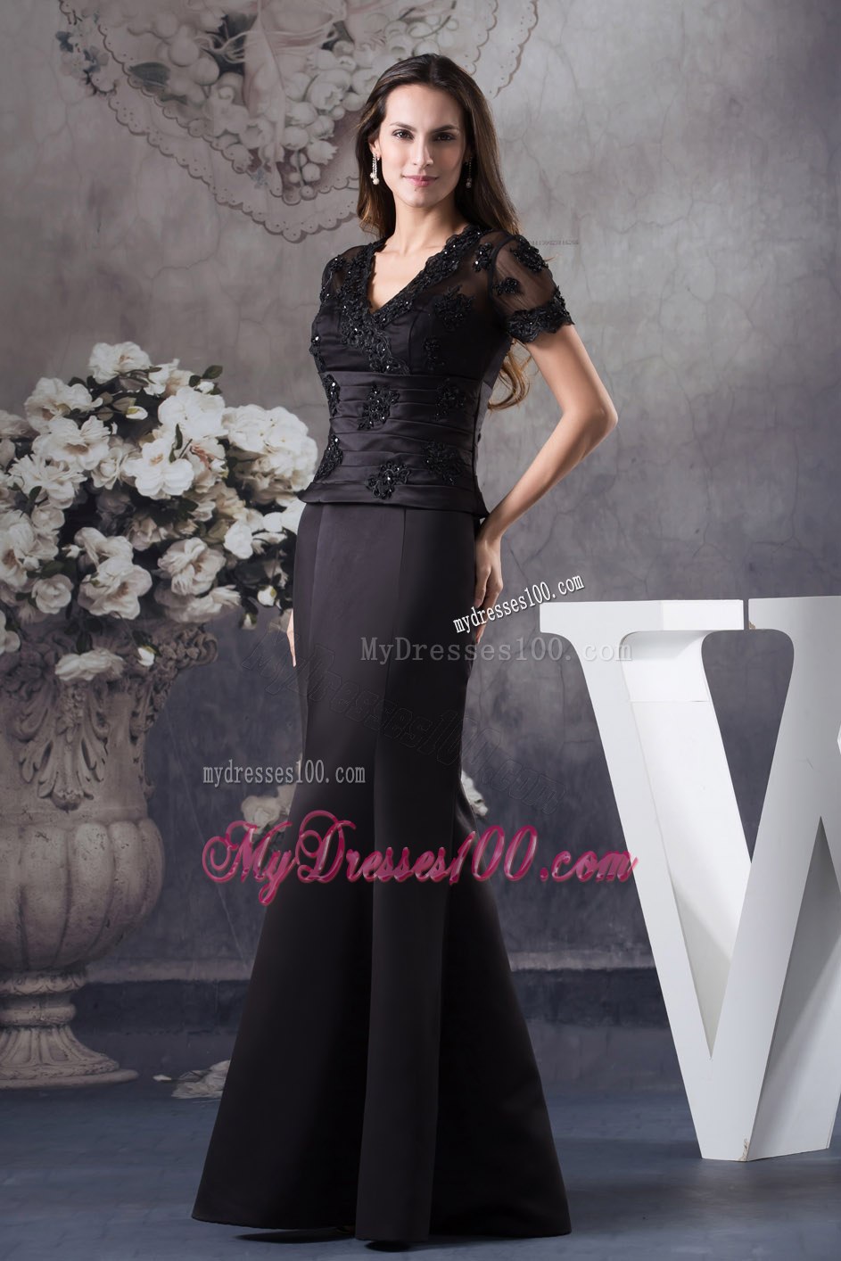 Sheer Neckline with Appliques Black Mother Of The Bride Dress