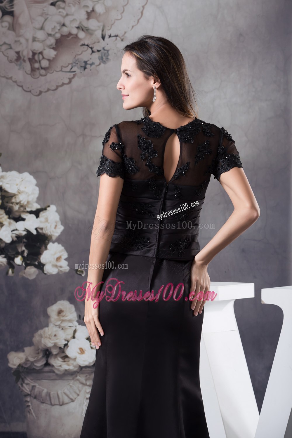 Sheer Neckline with Appliques Black Mother Of The Bride Dress