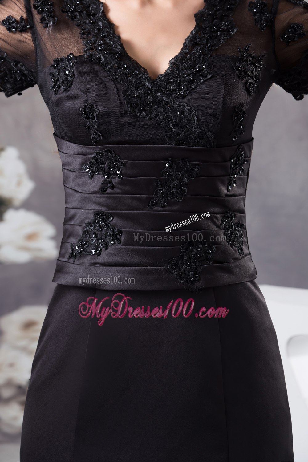 Sheer Neckline with Appliques Black Mother Of The Bride Dress