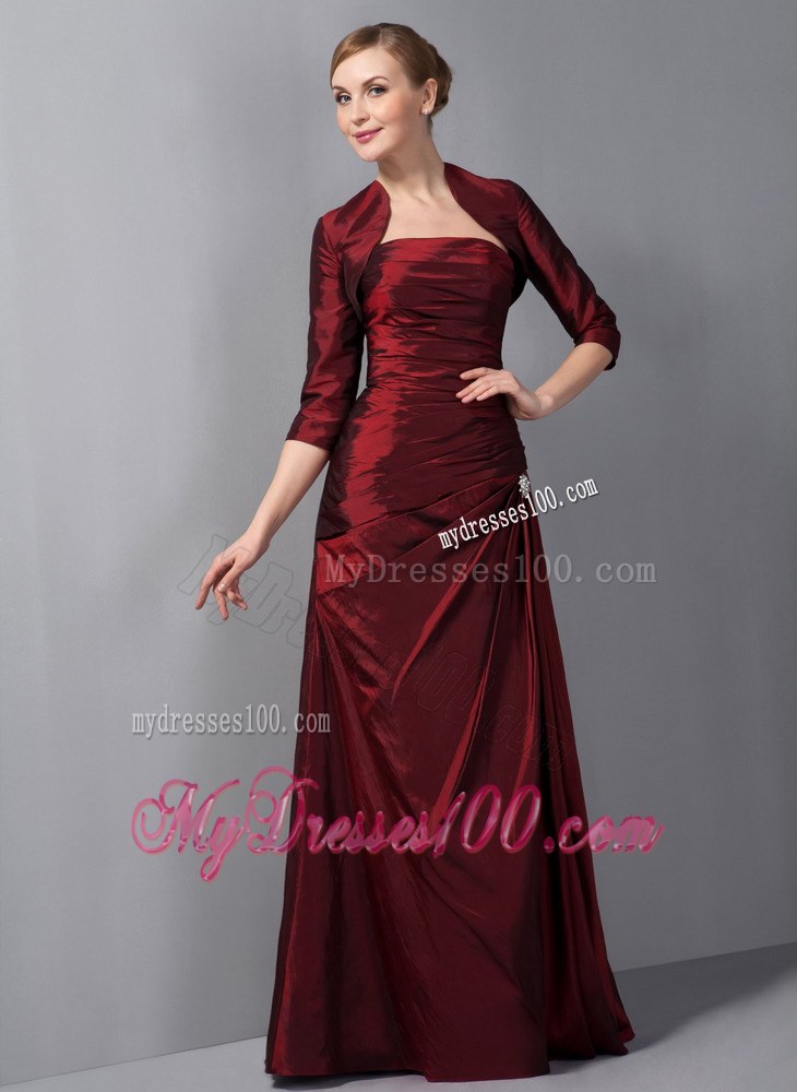 Traditional Wine Red Column Ruched Mother Of The Bride Dress 2013
