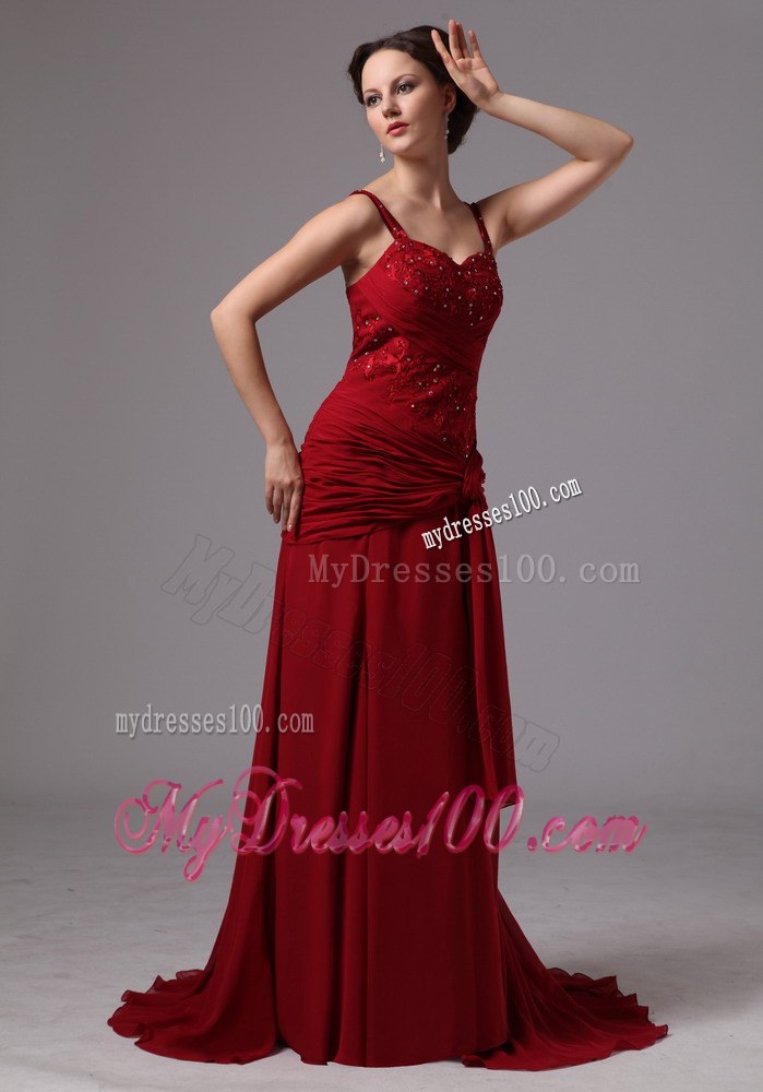 Wine Red Spaghetti Straps Mother Of The Bride Dress with Ribbon