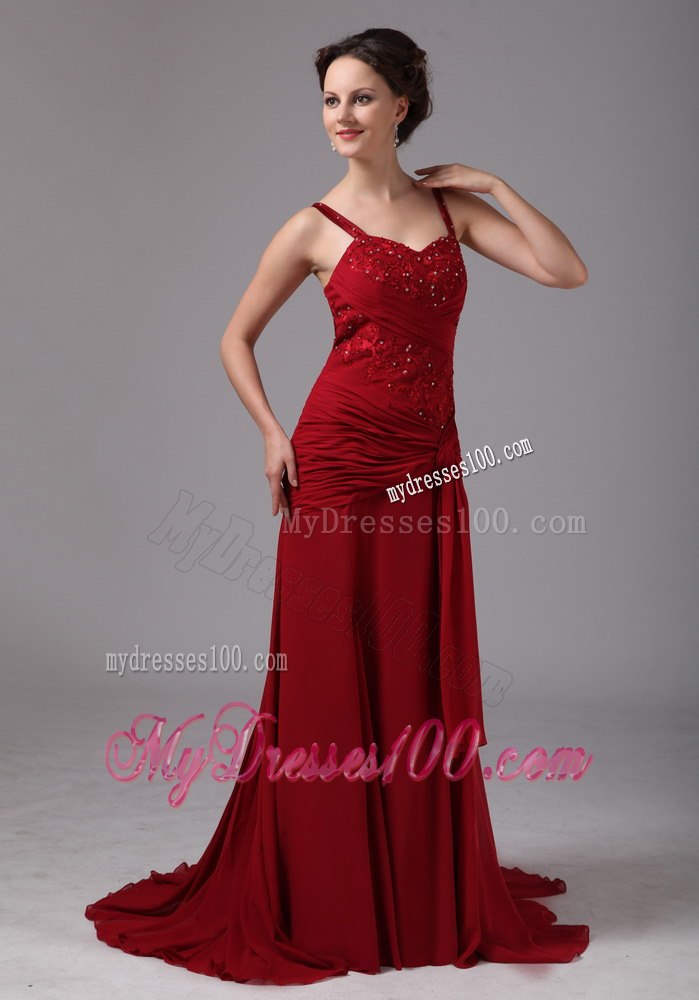 Wine Red Spaghetti Straps Mother Of The Bride Dress with Ribbon