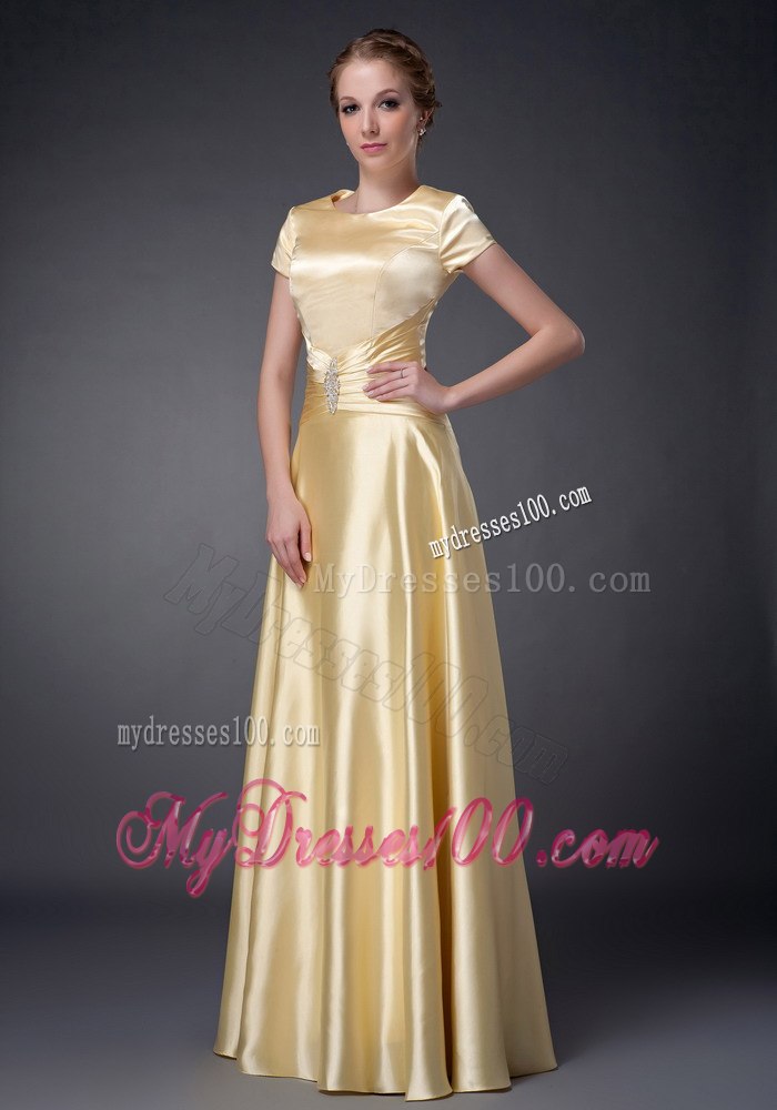 Elegant Fitted Scoop Yellow Mother Bride Dress with Short Sleeves