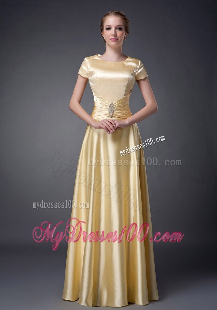 Elegant Fitted Scoop Yellow Mother Bride Dress with Short Sleeves