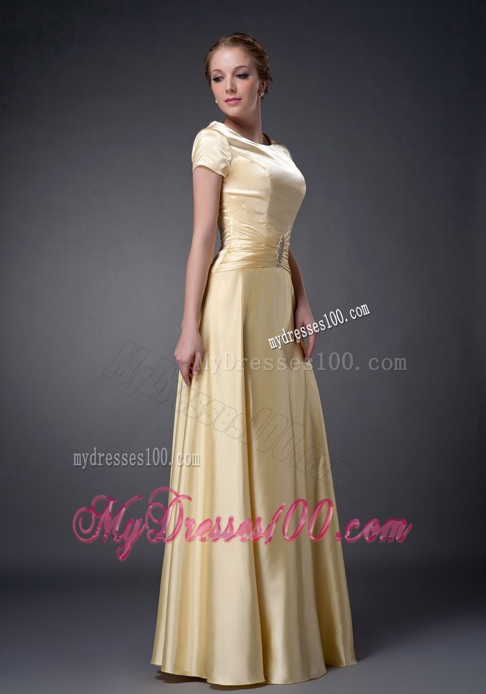 Elegant Fitted Scoop Yellow Mother Bride Dress with Short Sleeves
