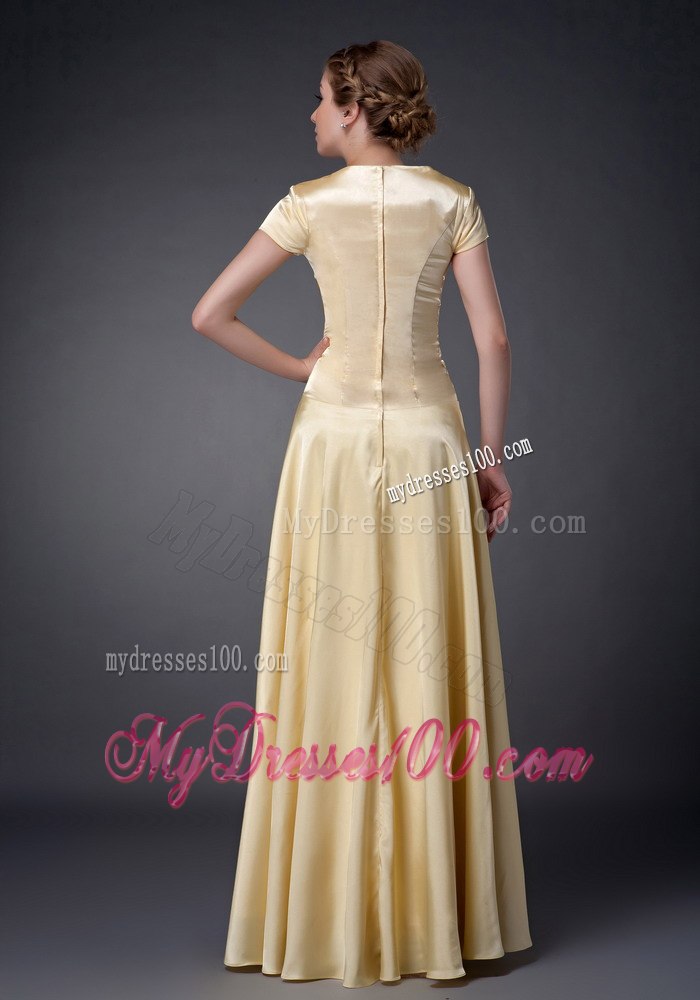 Elegant Fitted Scoop Yellow Mother Bride Dress with Short Sleeves
