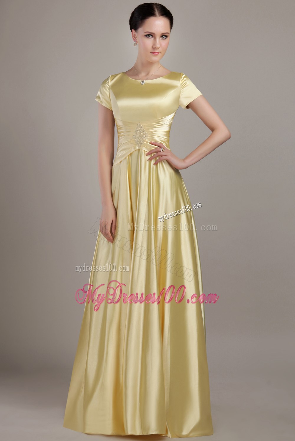Scoop Neck Short Sleeves Yellow Mother Of The Bride Dress 2013