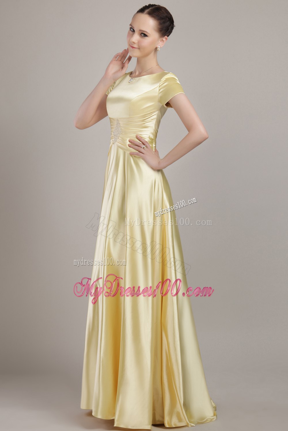 Scoop Neck Short Sleeves Yellow Mother Of The Bride Dress 2013