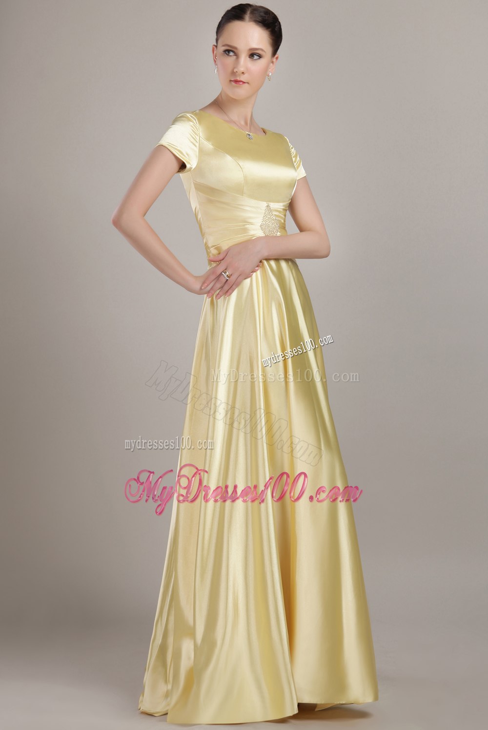 Scoop Neck Short Sleeves Yellow Mother Of The Bride Dress 2013