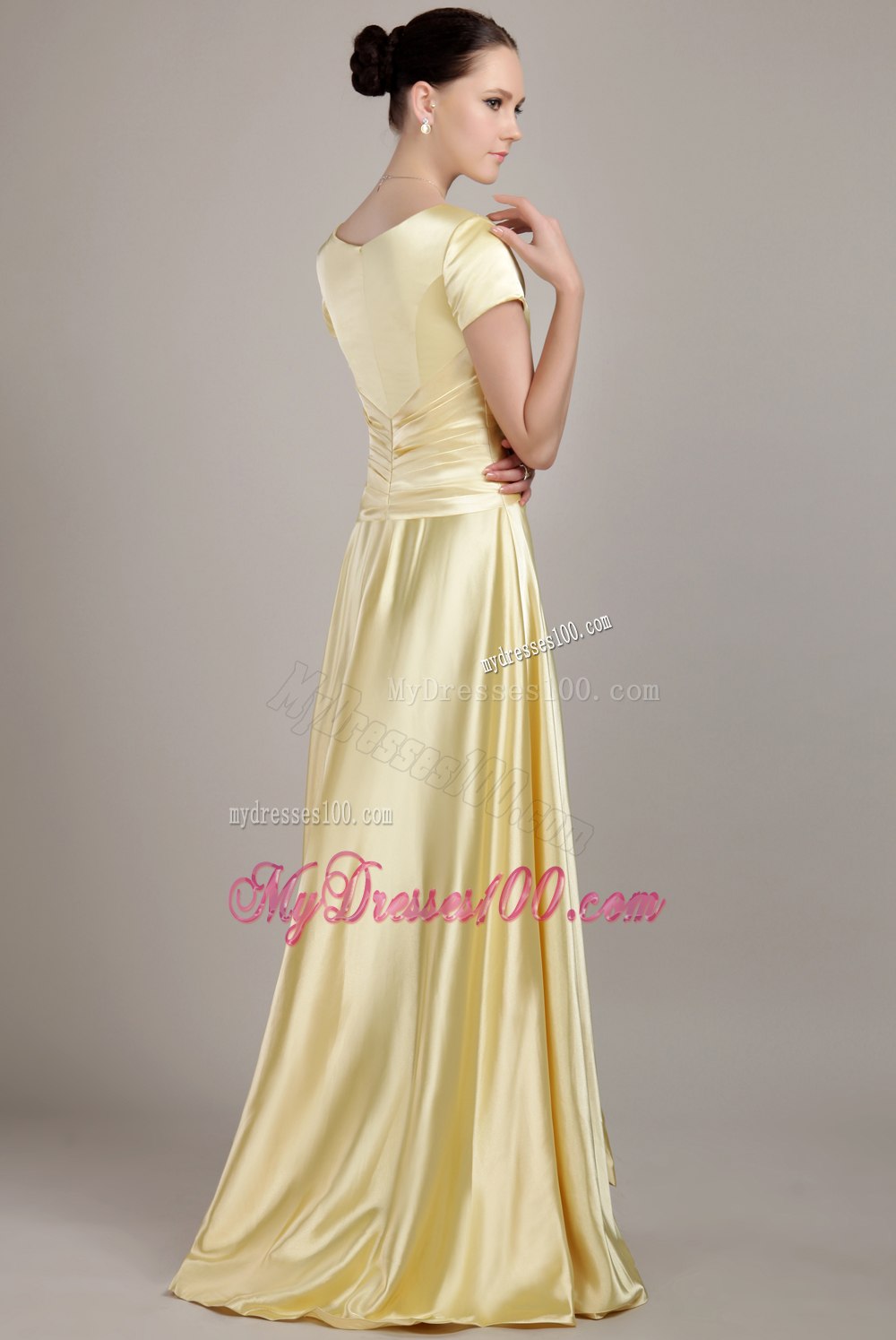 Scoop Neck Short Sleeves Yellow Mother Of The Bride Dress 2013