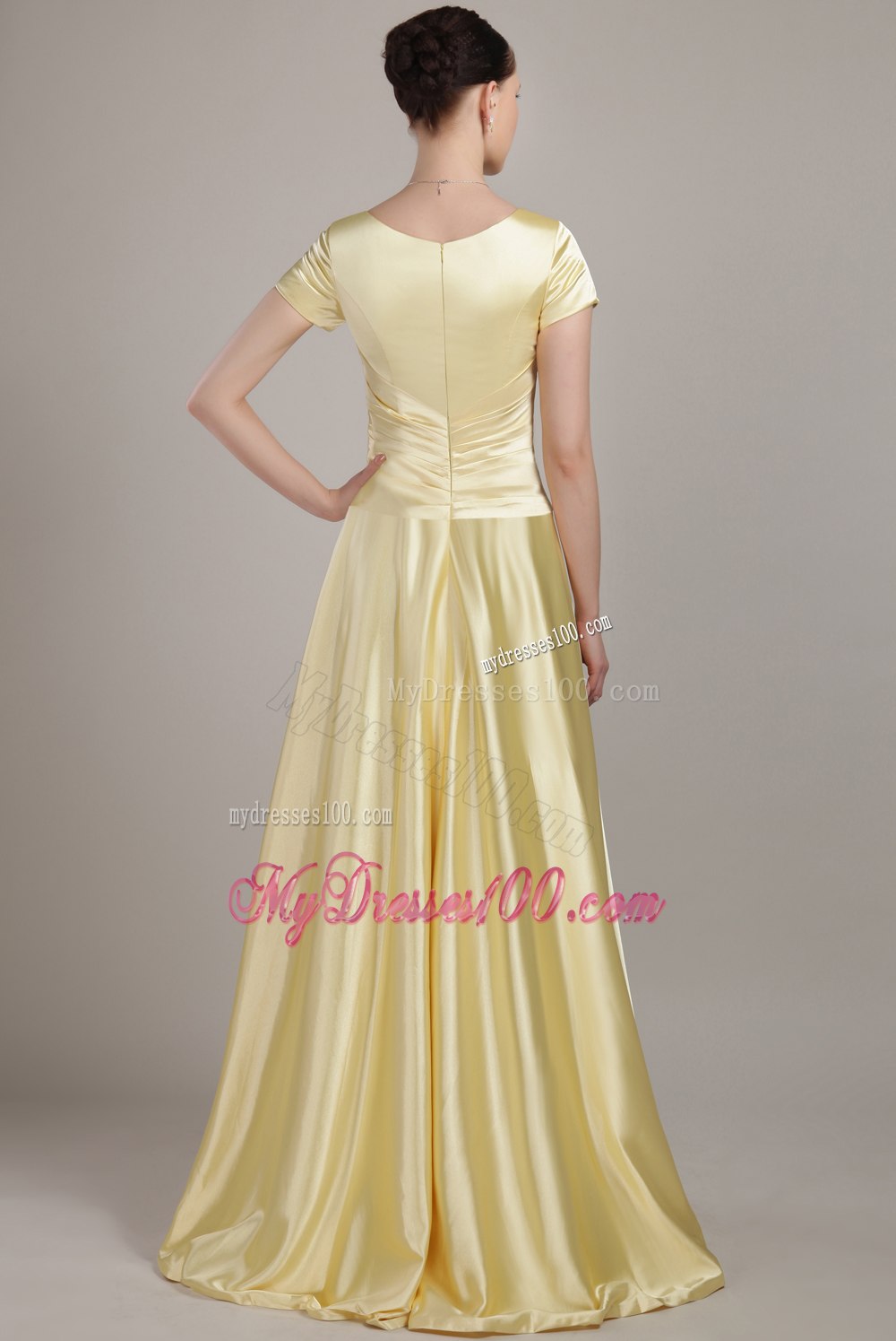 Scoop Neck Short Sleeves Yellow Mother Of The Bride Dress 2013